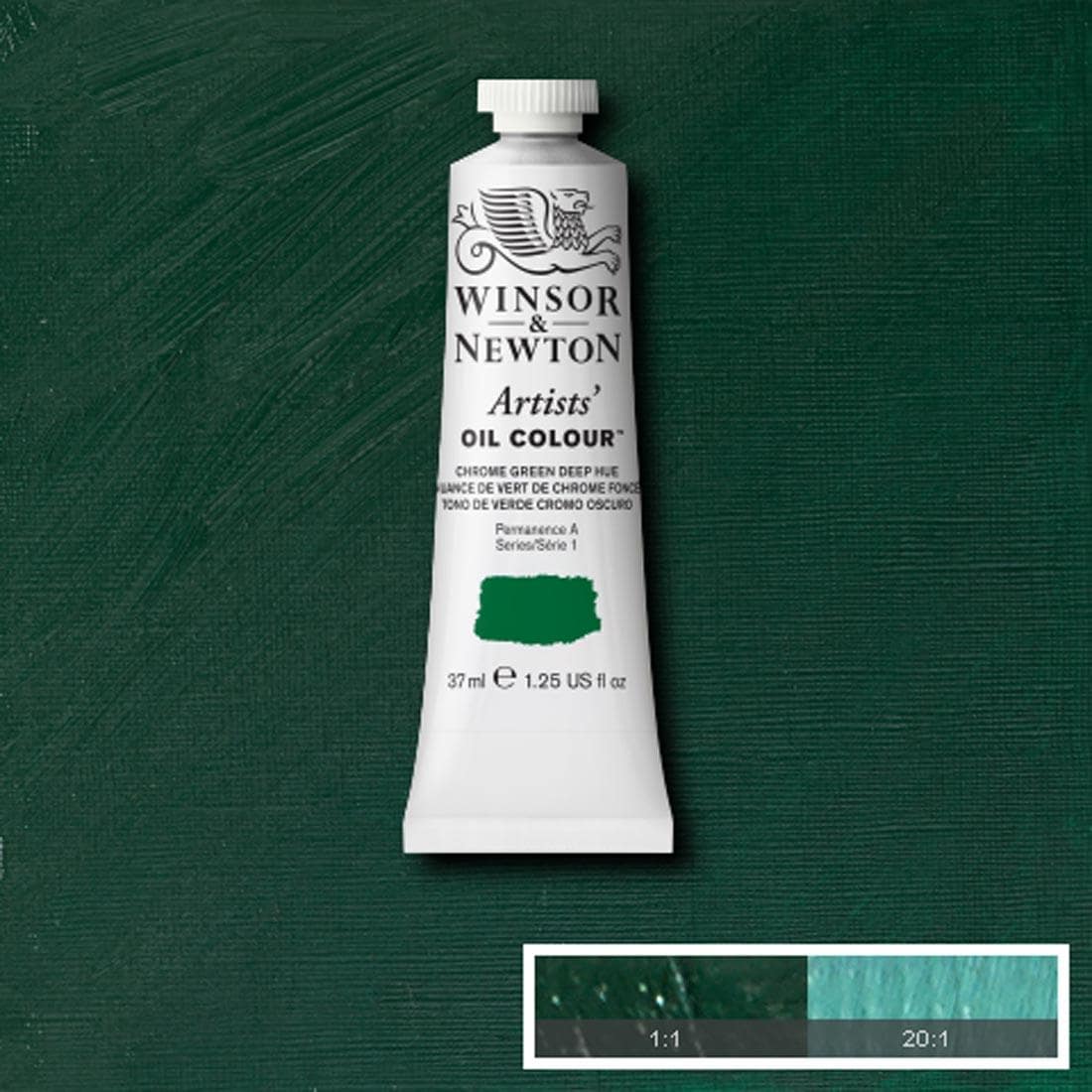 Tube of Chrome Green Deep Hue Winsor & Newton Artists' Oil Colour with a paint swatch for the background