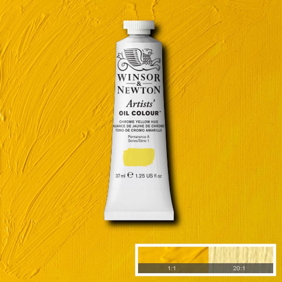 Tube of Chrome Yellow Hue Winsor & Newton Artists' Oil Colour with a paint swatch for the background