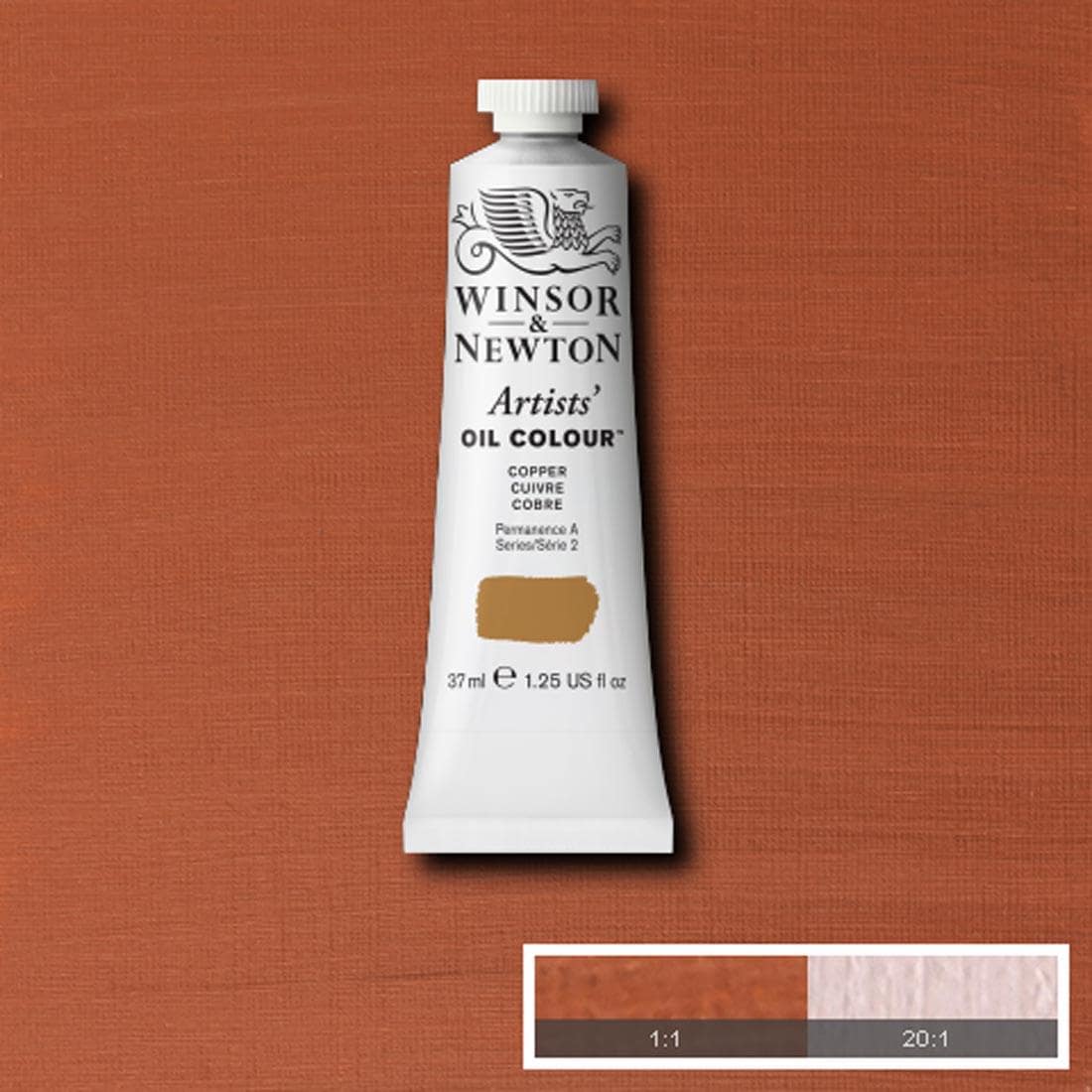 Tube of Copper Winsor & Newton Artists' Oil Colour with a paint swatch for the background