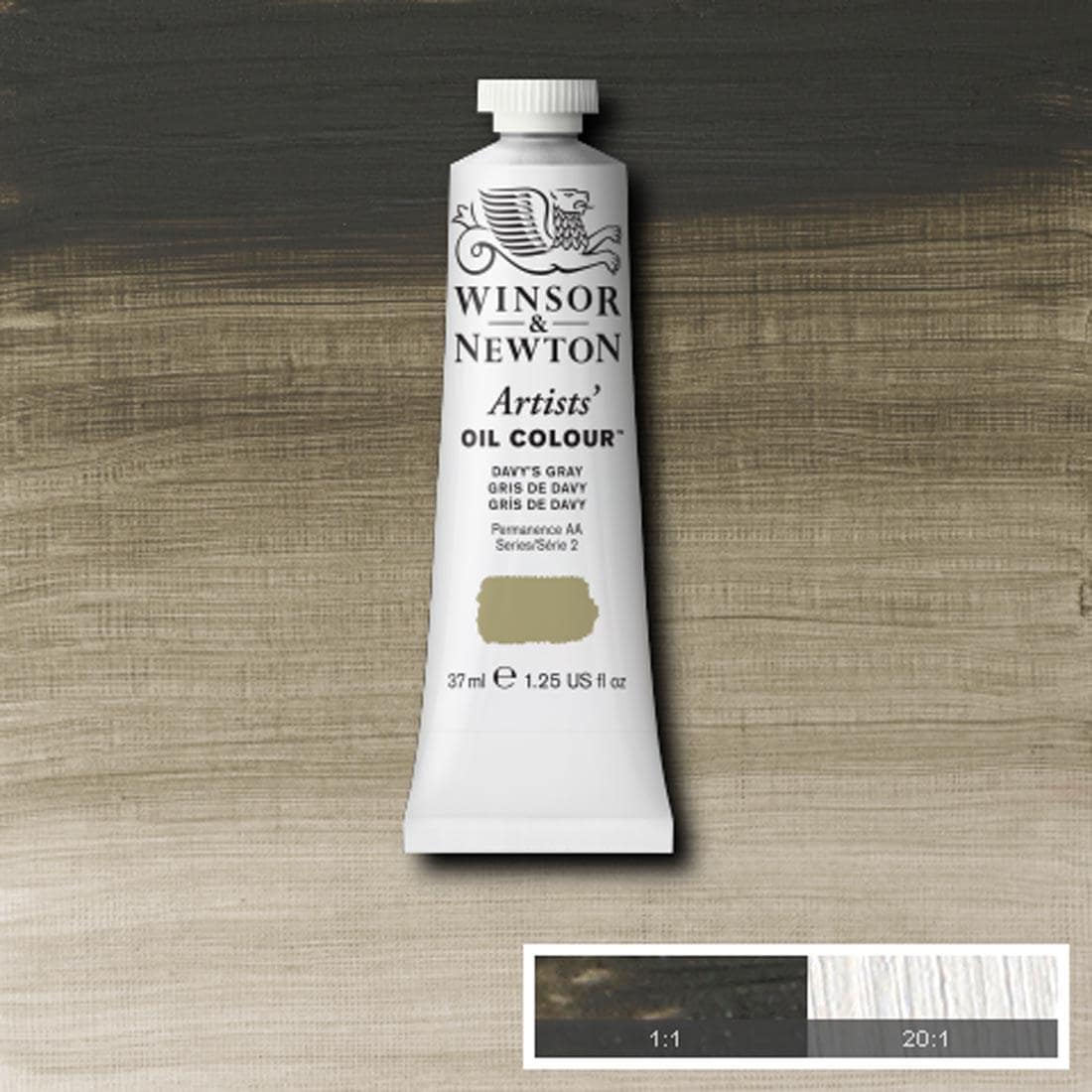 Tube of Davy's Gray Winsor & Newton Artists' Oil Colour with a paint swatch for the background