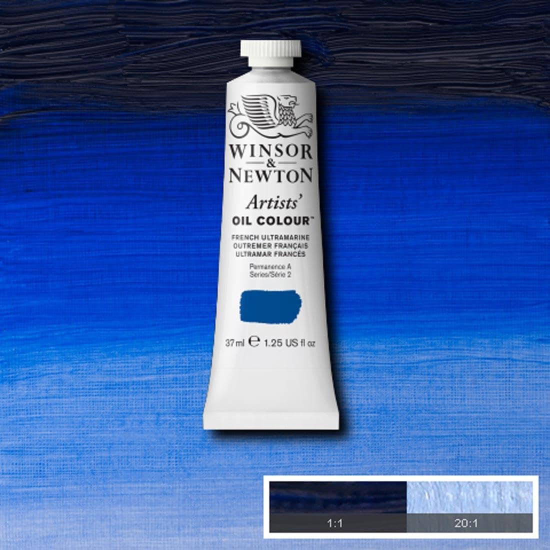 Tube of French Ultramarine Winsor & Newton Artists' Oil Colour with a paint swatch for the background