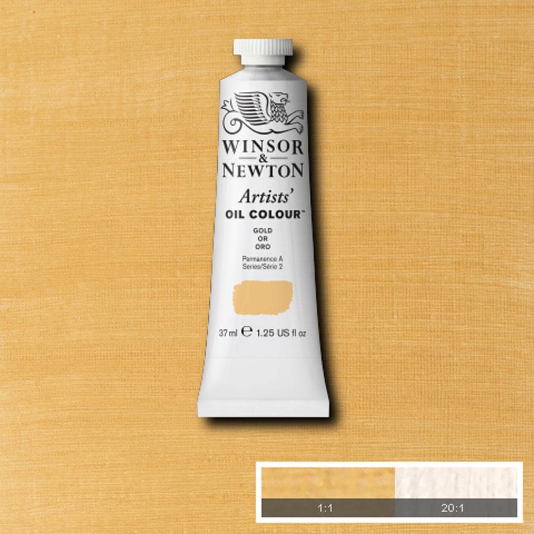 Tube of Gold Winsor & Newton Artists' Oil Colour with a paint swatch for the background