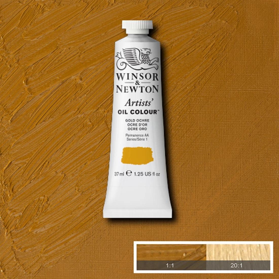 Tube of Gold Ochre Winsor & Newton Artists' Oil Colour with a paint swatch for the background