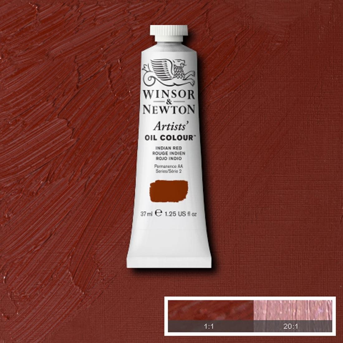 Tube of Indian Red Winsor & Newton Artists' Oil Colour with a paint swatch for the background