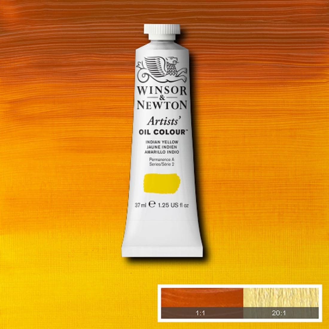 Tube of Indian Yellow Winsor & Newton Artists' Oil Colour with a paint swatch for the background