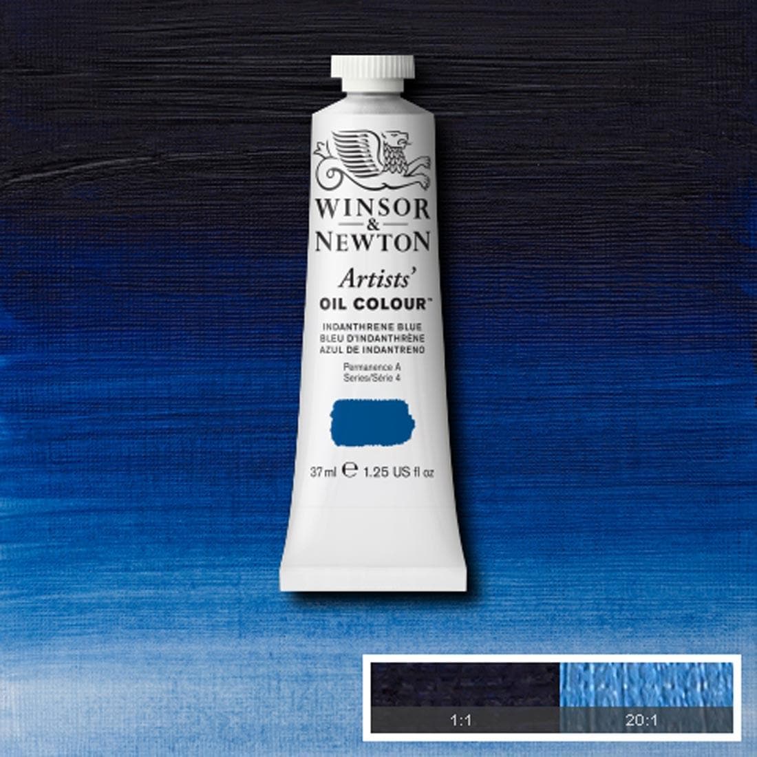 Tube of Indanthrene Blue Winsor & Newton Artists' Oil Colour with a paint swatch for the background