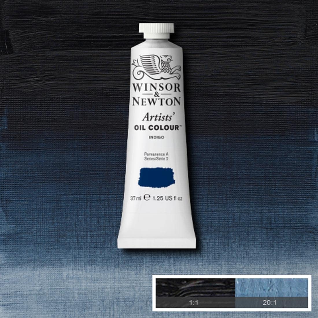 Tube of Indigo Winsor & Newton Artists' Oil Colour with a paint swatch for the background