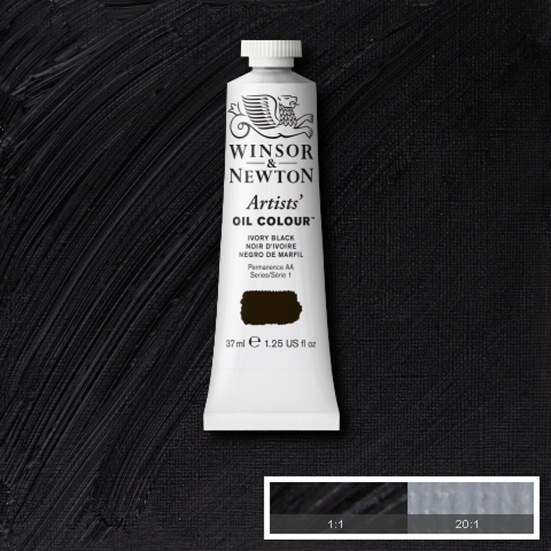 Tube of Ivory Black Winsor & Newton Artists' Oil Colour with a paint swatch for the background