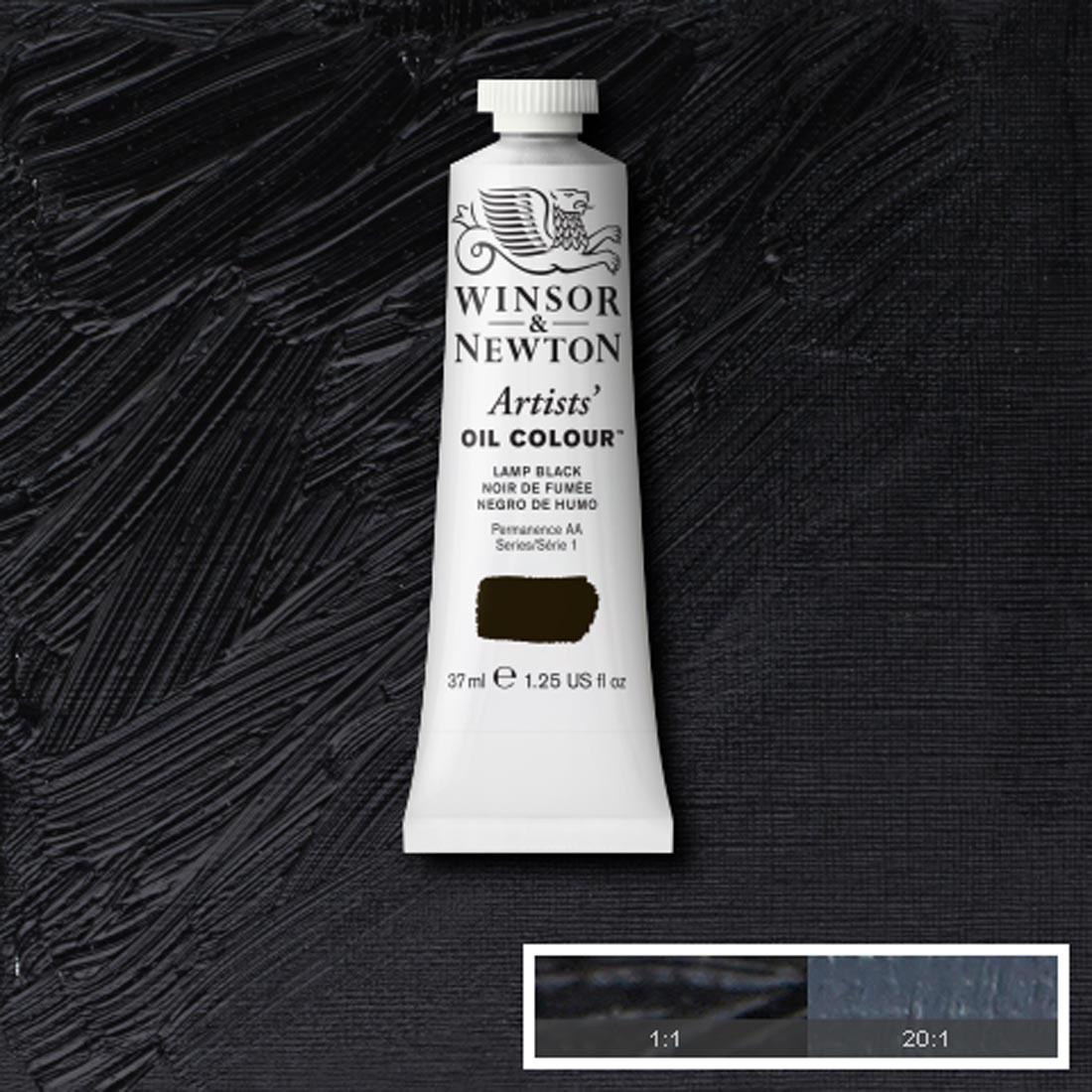 Tube of Lamp Black Winsor & Newton Artists' Oil Colour with a paint swatch for the background