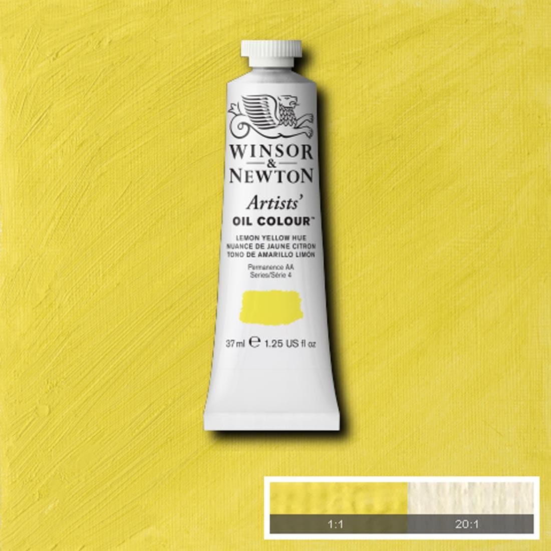 Tube of Lemon Yellow Hue Winsor & Newton Artists' Oil Colour with a paint swatch for the background