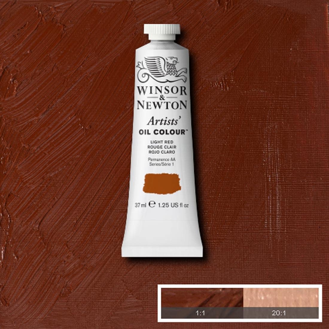 Tube of Light Red Winsor & Newton Artists' Oil Colour with a paint swatch for the background