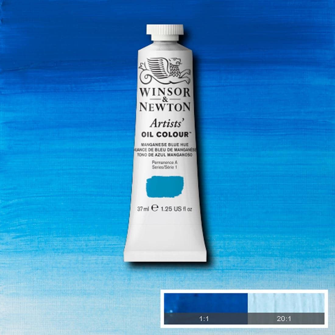 Tube of Manganese Blue Hue Winsor & Newton Artists' Oil Colour with a paint swatch for the background