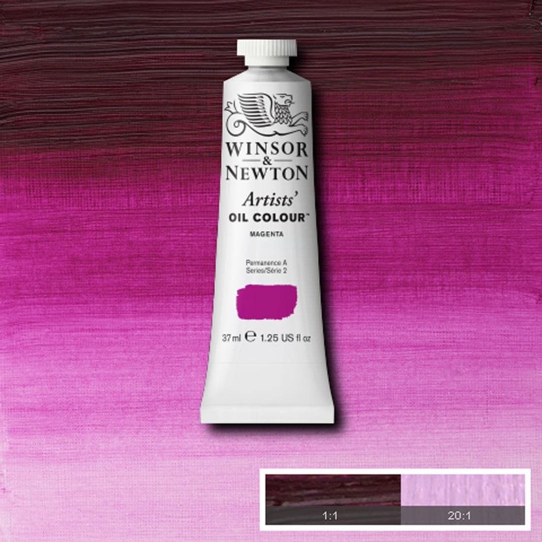 Tube of Magenta Winsor & Newton Artists' Oil Colour with a paint swatch for the background