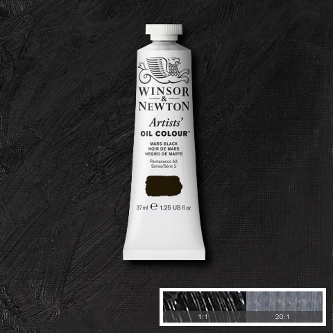Tube of Mars Black Winsor & Newton Artists' Oil Colour with a paint swatch for the background