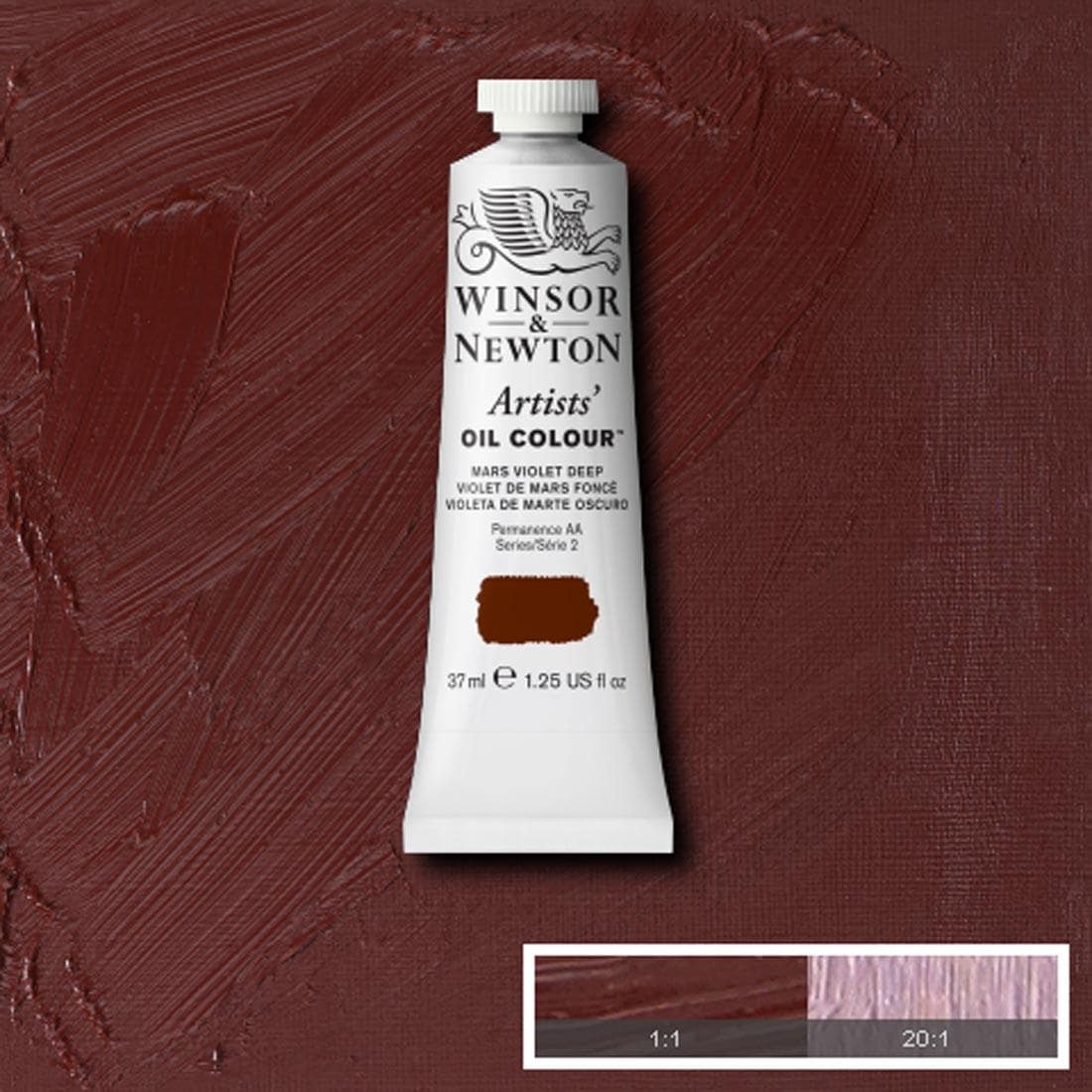 Tube of Mars Violet Deep Winsor & Newton Artists' Oil Colour with a paint swatch for the background