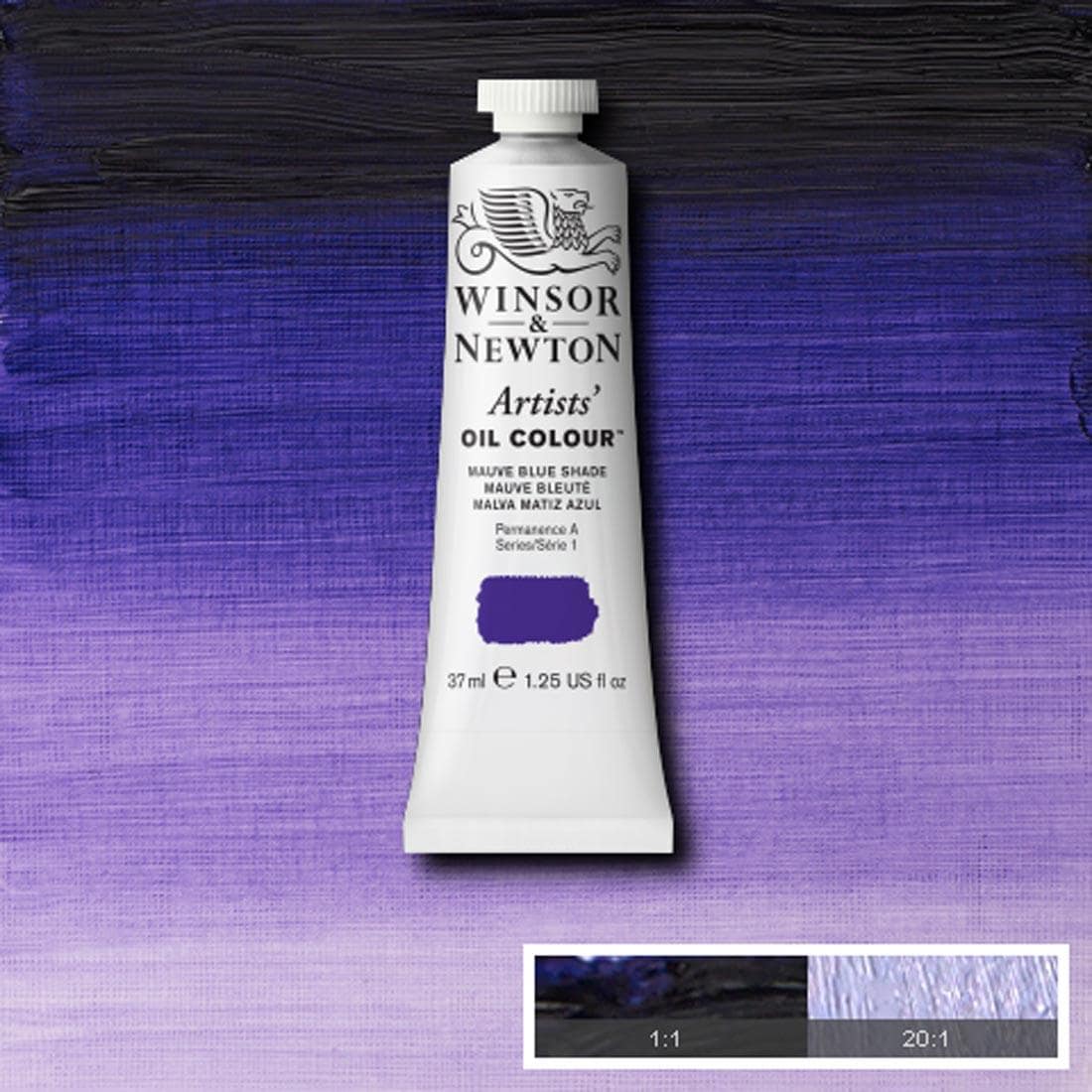 Tube of Mauve Blue Shade Winsor & Newton Artists' Oil Colour with a paint swatch for the background