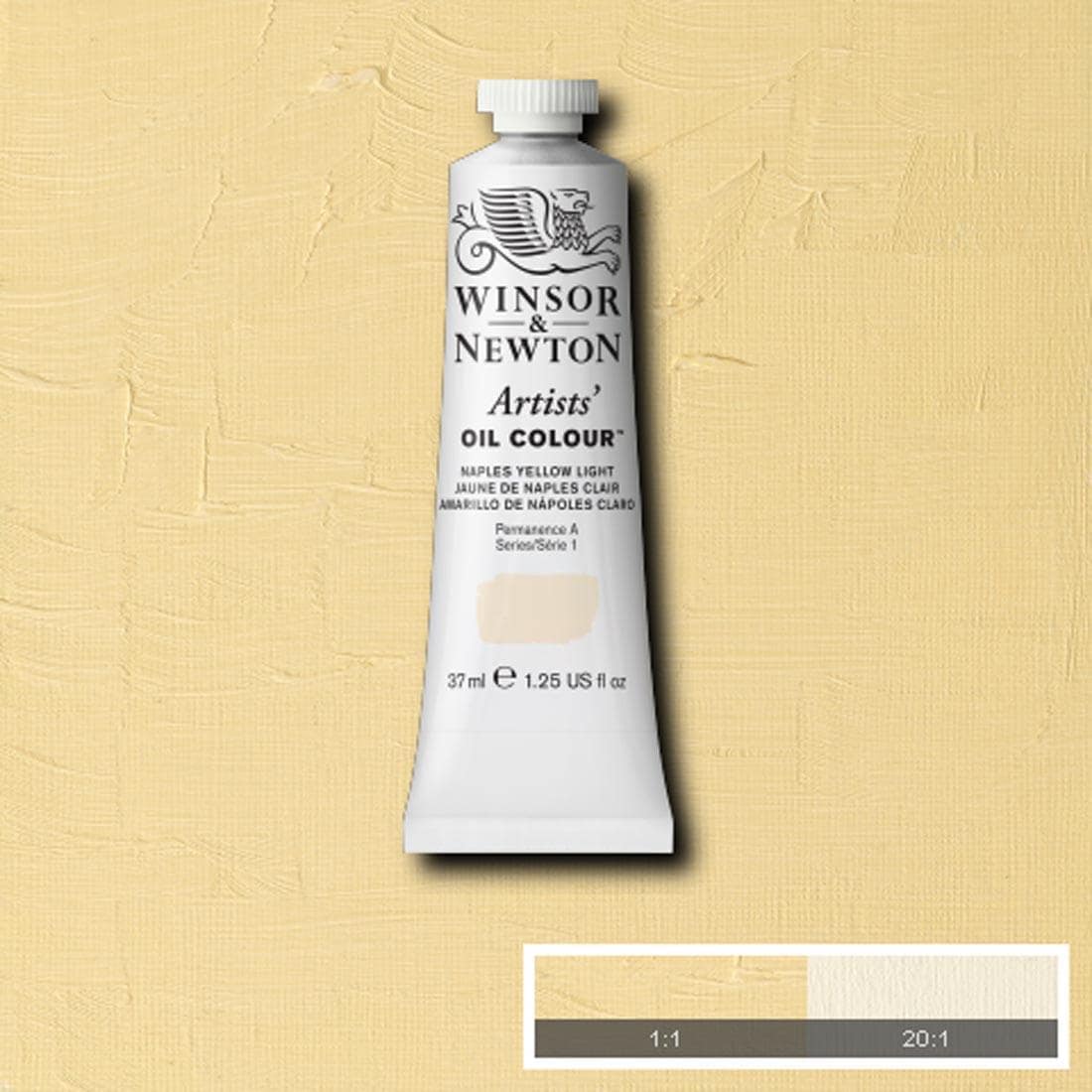 Tube of Naples Yellow Light Winsor & Newton Artists' Oil Colour with a paint swatch for the background