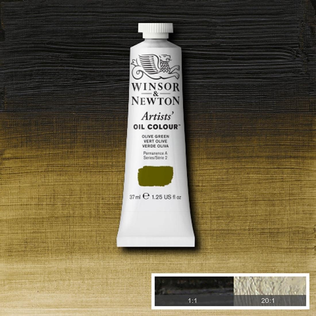 Tube of Olive Green Winsor & Newton Artists' Oil Colour with a paint swatch for the background