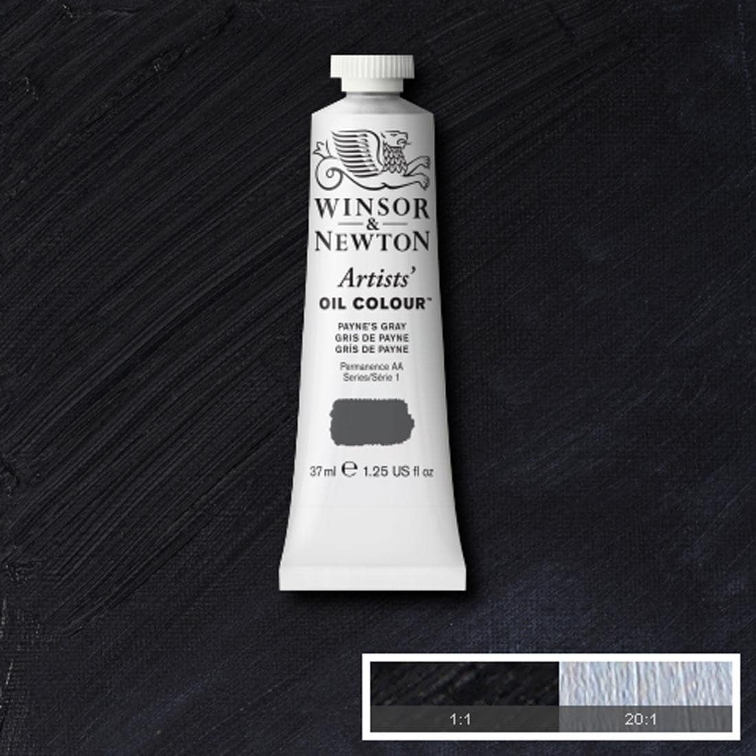 Tube of Payne's Gray Winsor & Newton Artists' Oil Colour with a paint swatch for the background