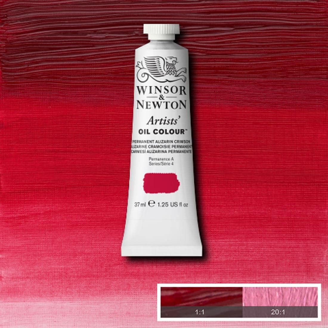 Tube of Permanent Alizarin Crimson Winsor & Newton Artists' Oil Colour with a paint swatch for the background