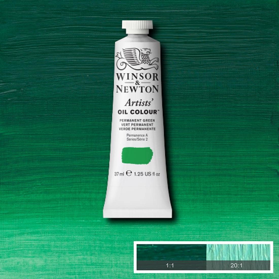 Tube of Permanent Green Winsor & Newton Artists' Oil Colour with a paint swatch for the background