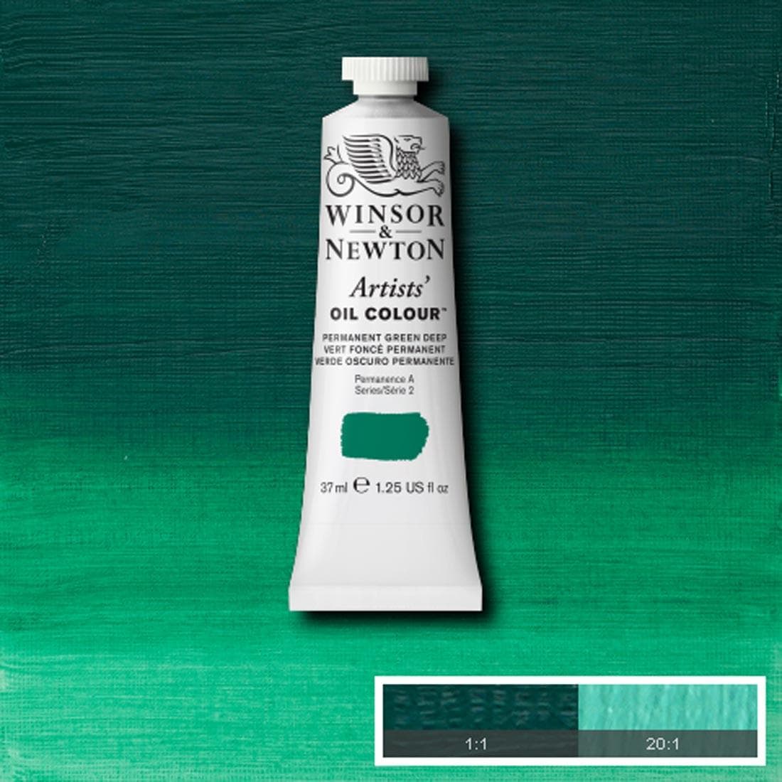 Tube of Permanent Green Deep Winsor & Newton Artists' Oil Colour with a paint swatch for the background