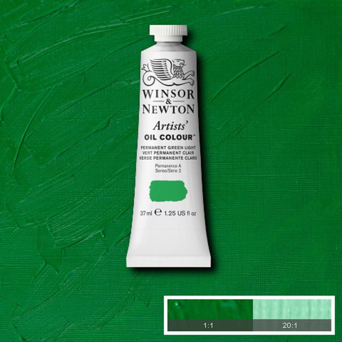 Tube of Permanent Green Light Winsor & Newton Artists' Oil Colour with a paint swatch for the background