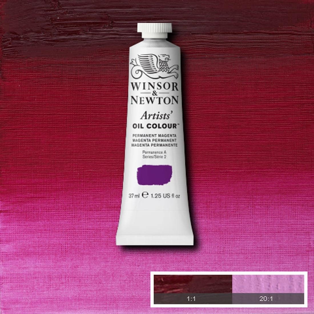 Tube of Permanent Magenta Winsor & Newton Artists' Oil Colour with a paint swatch for the background