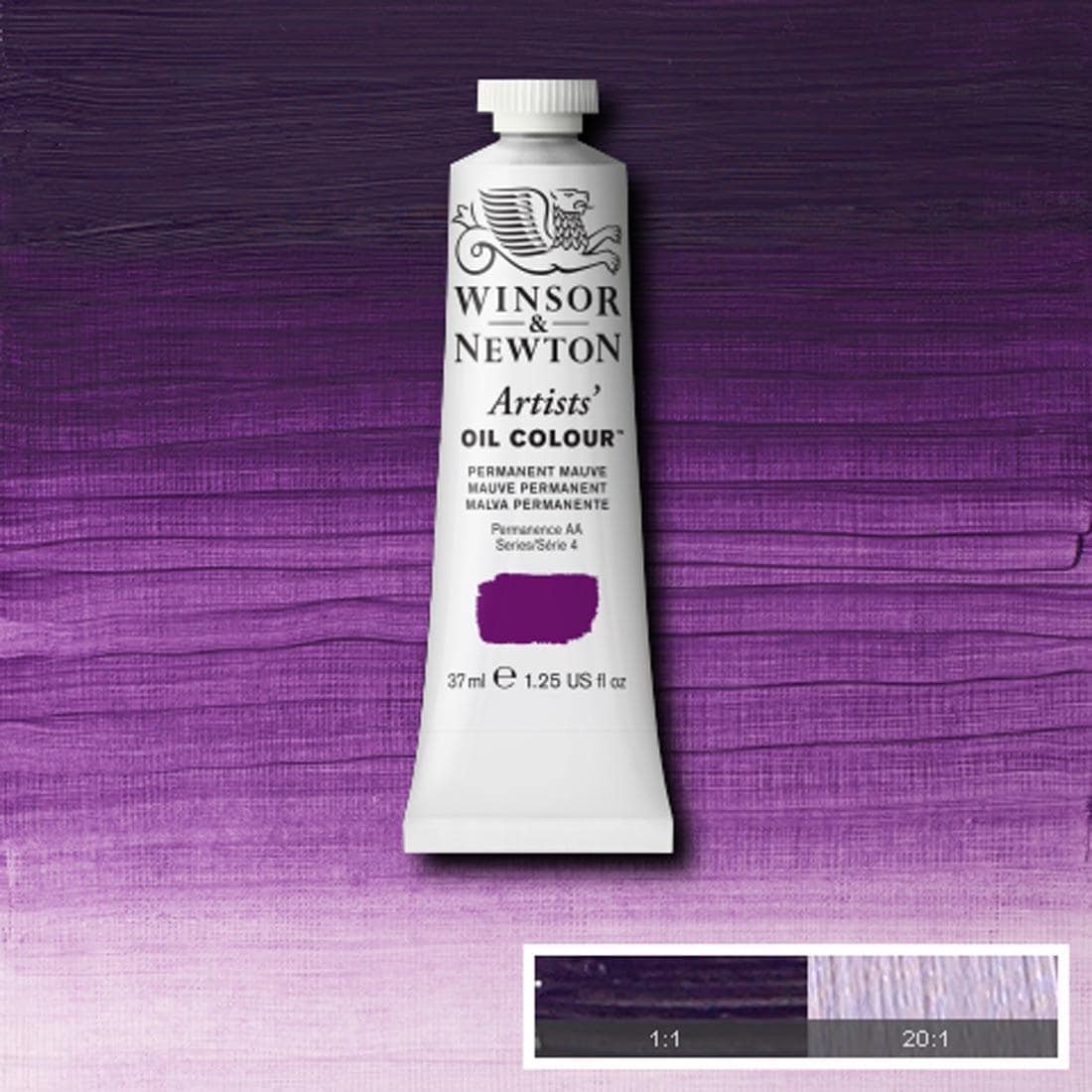 Tube of Permanent Mauve Winsor & Newton Artists' Oil Colour with a paint swatch for the background