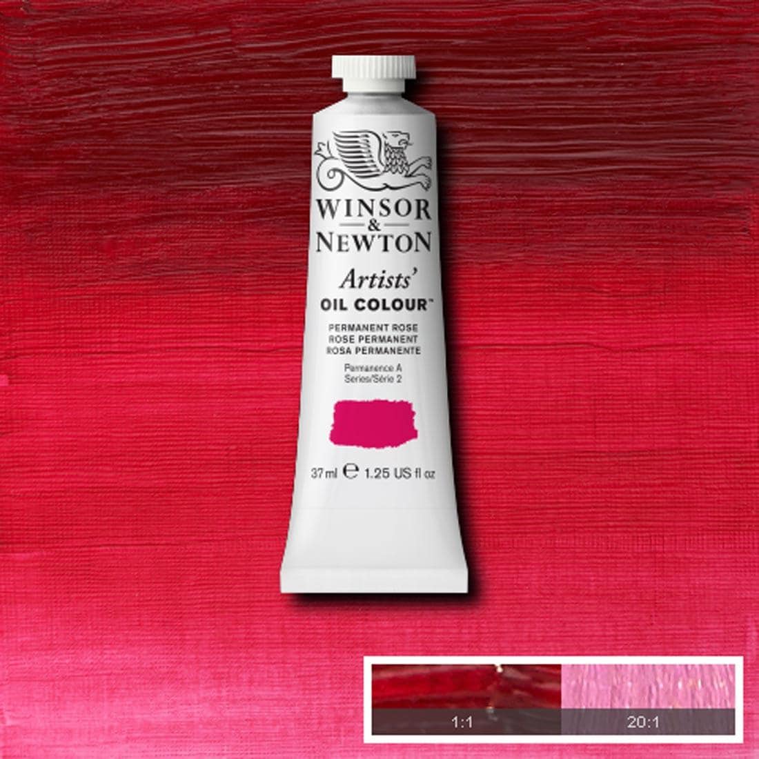 Tube of Permanent Rose Winsor & Newton Artists' Oil Colour with a paint swatch for the background