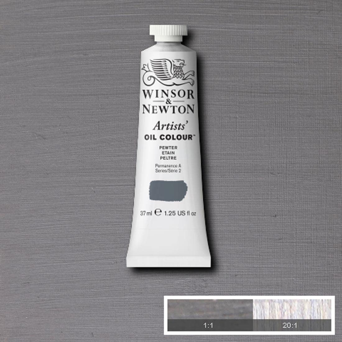 Tube of Pewter Winsor & Newton Artists' Oil Colour with a paint swatch for the background