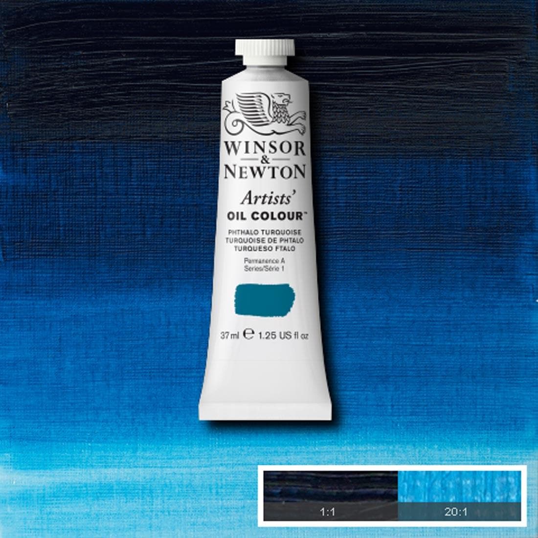 Tube of Phthalo Turquoise Winsor & Newton Artists' Oil Colour with a paint swatch for the background