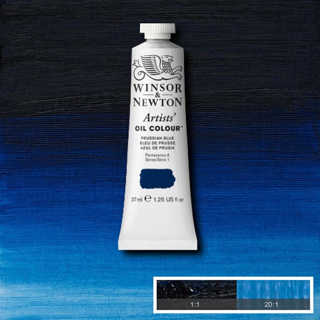 Tube of Prussian Blue Winsor & Newton Artists' Oil Colour with a paint swatch for the background