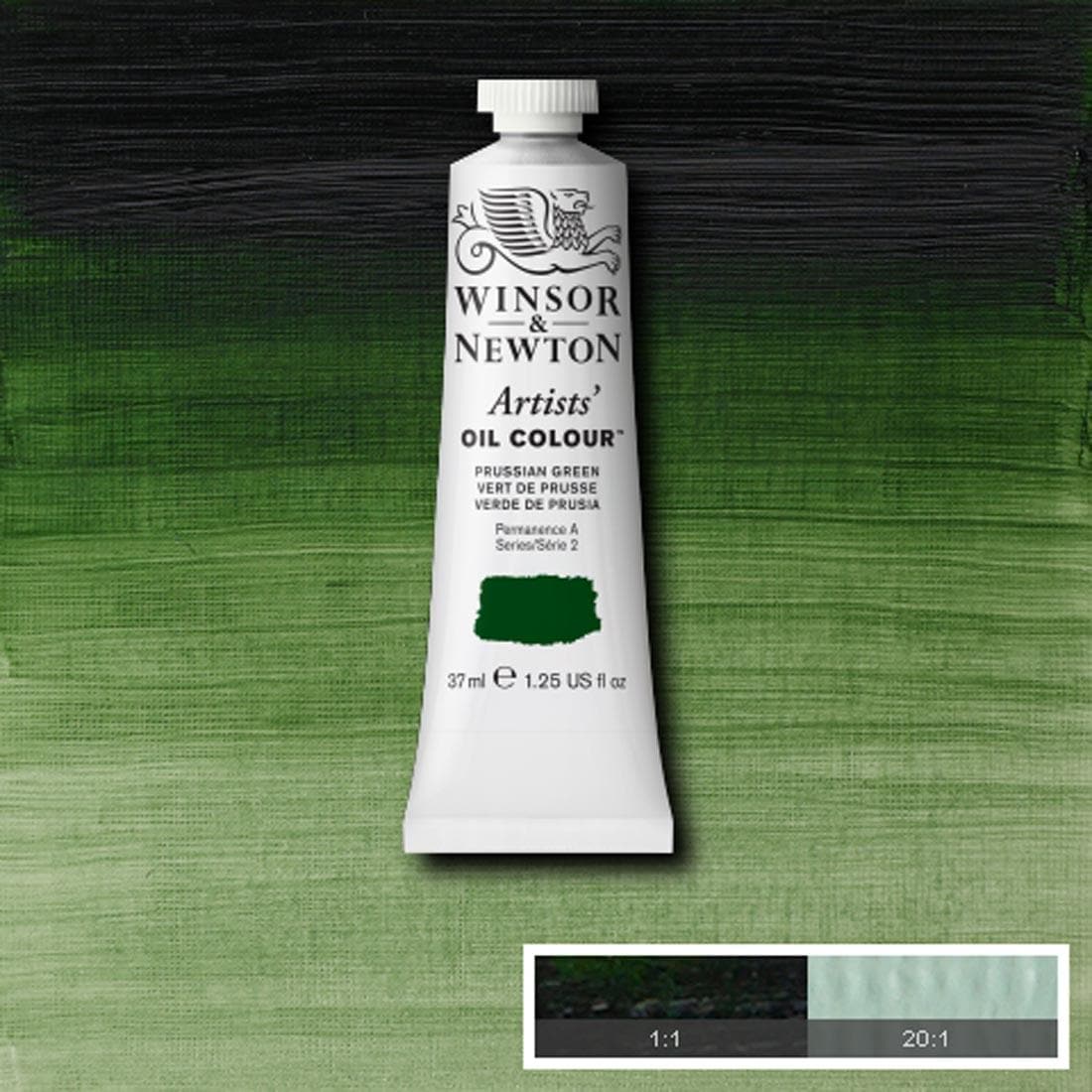 Tube of Prussian Green Winsor & Newton Artists' Oil Colour with a paint swatch for the background