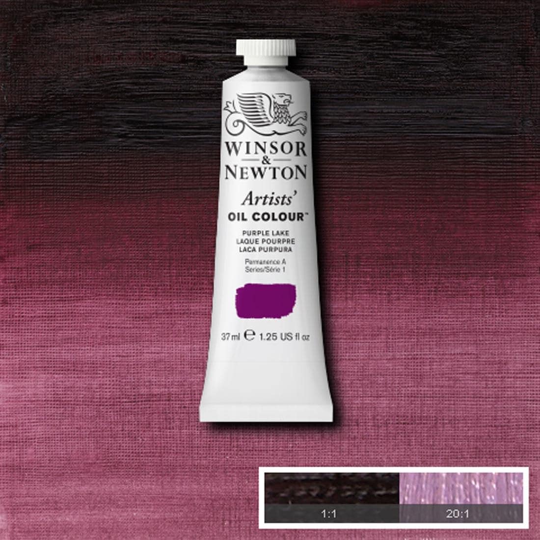 Tube of Purple Lake Winsor & Newton Artists' Oil Colour with a paint swatch for the background