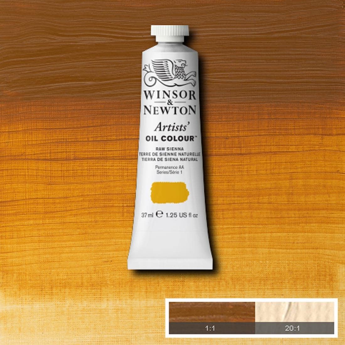 Tube of Raw Sienna Winsor & Newton Artists' Oil Colour with a paint swatch for the background