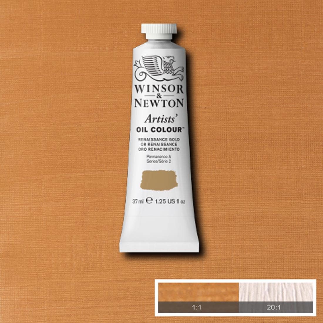 Tube of Renaissance Gold Winsor & Newton Artists' Oil Colour with a paint swatch for the background