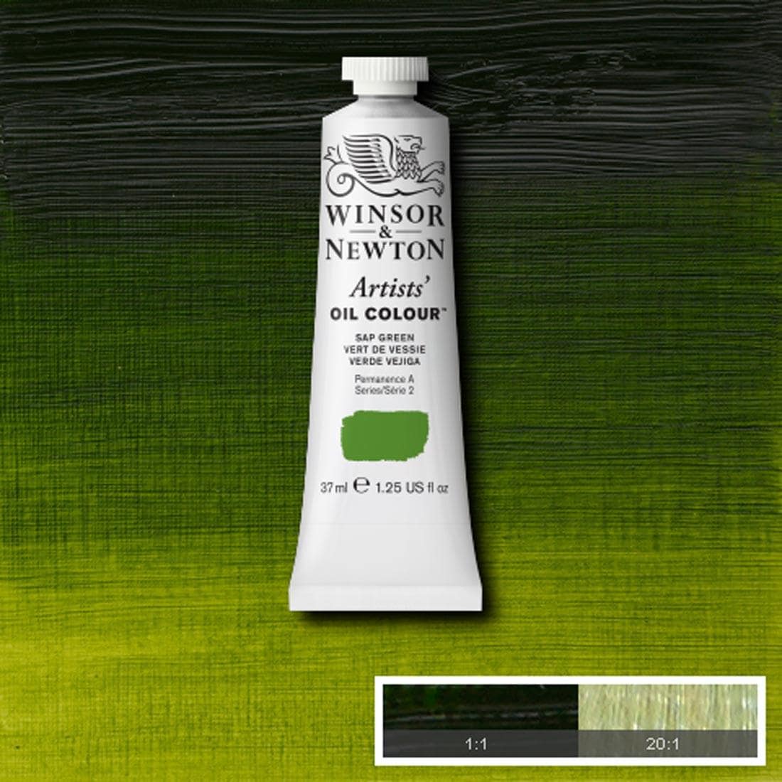 Tube of Sap Green Winsor & Newton Artists' Oil Colour with a paint swatch for the background