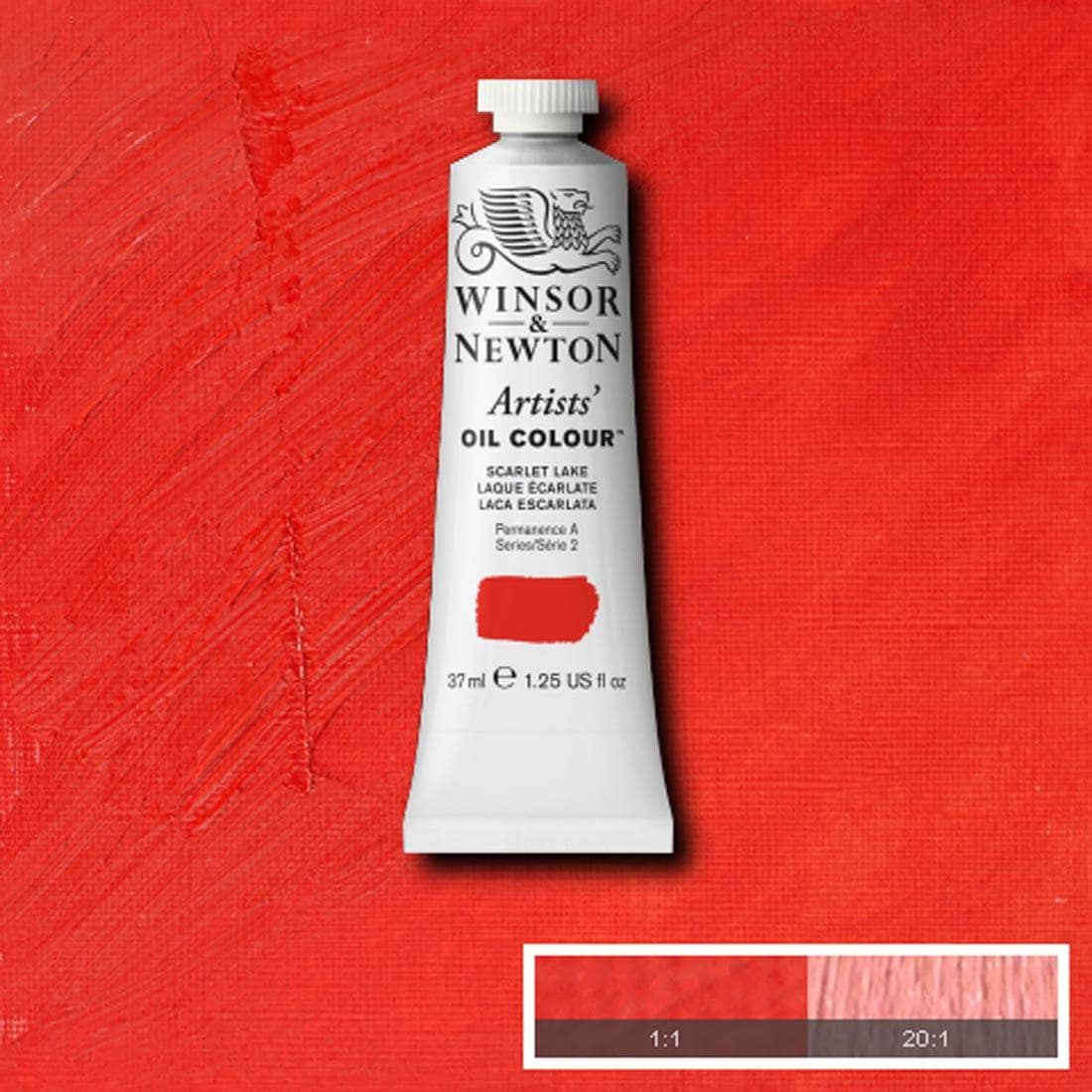 Tube of Scarlet Lake Winsor & Newton Artists' Oil Colour with a paint swatch for the background