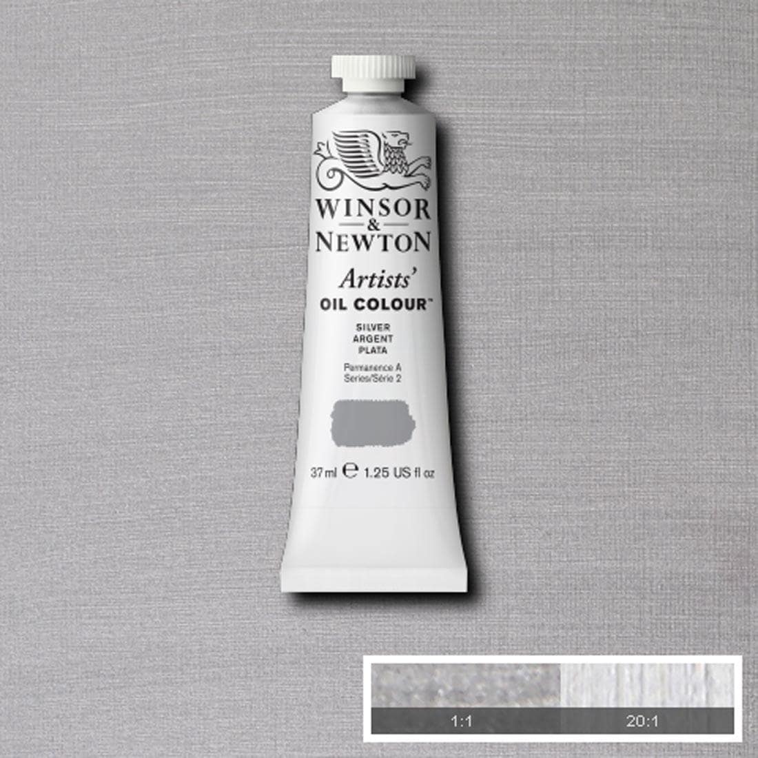 Tube of Silver Winsor & Newton Artists' Oil Colour with a paint swatch for the background