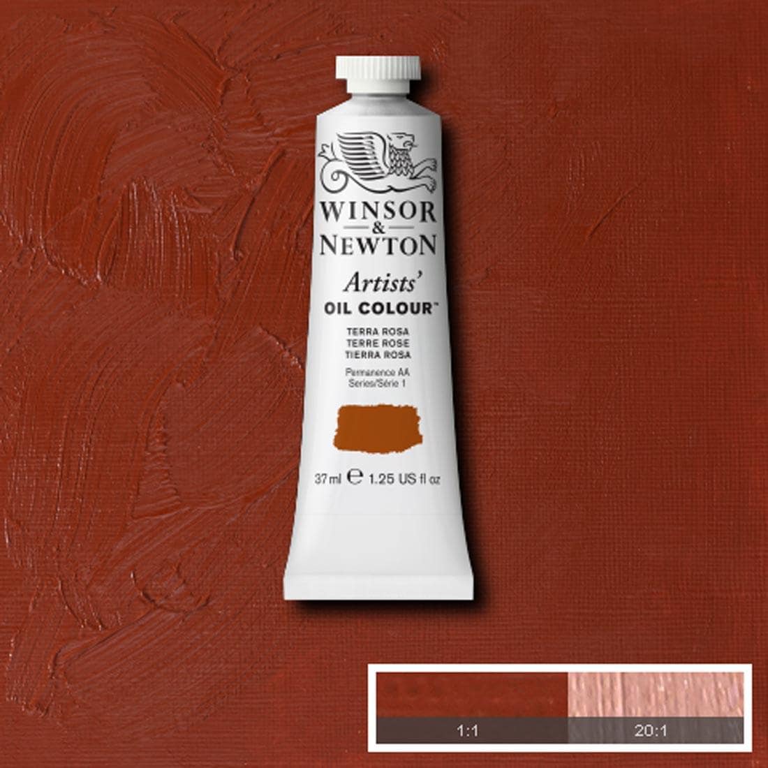 Tube of Terra Rosa Winsor & Newton Artists' Oil Colour with a paint swatch for the background