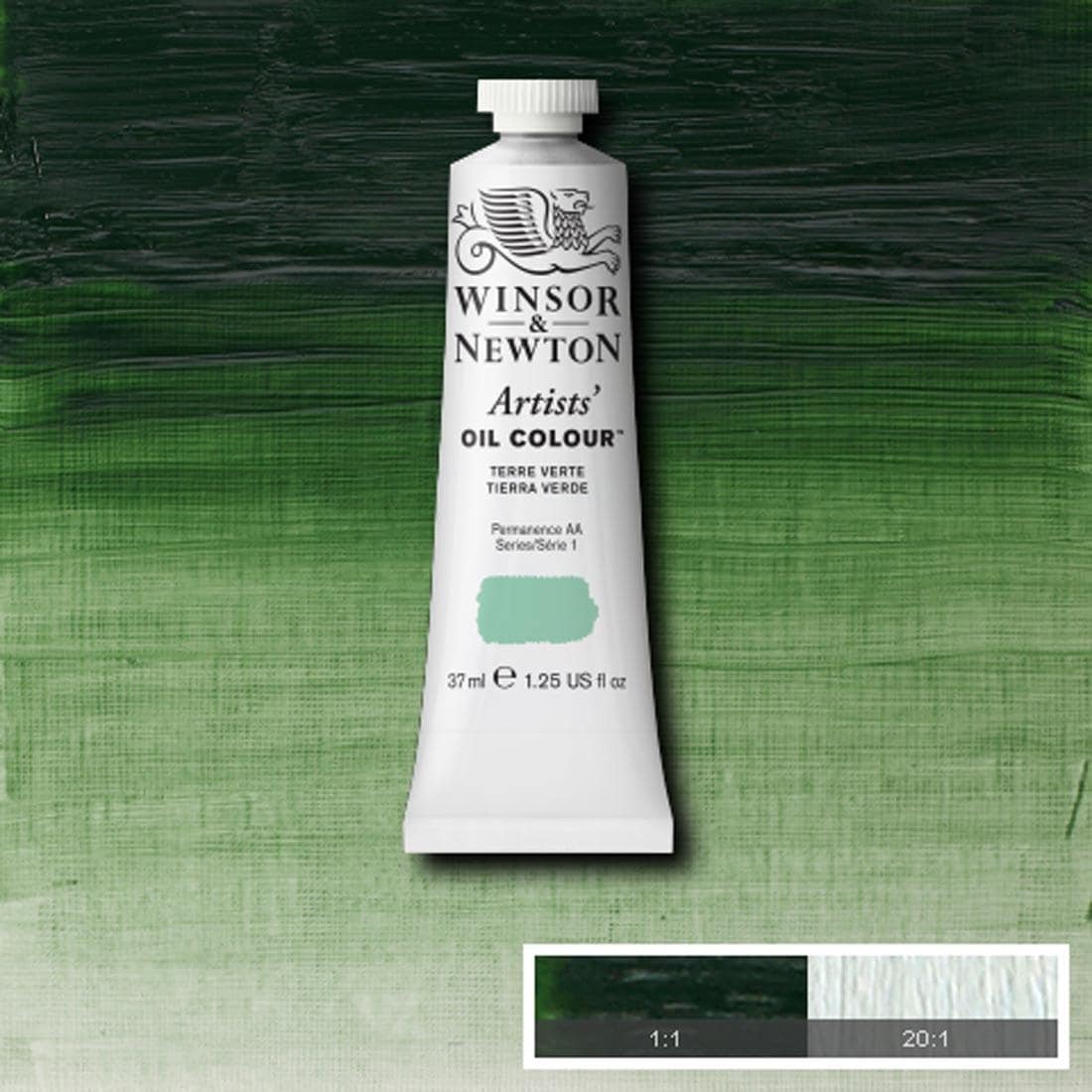 Tube of Terre Verte Winsor & Newton Artists' Oil Colour with a paint swatch for the background