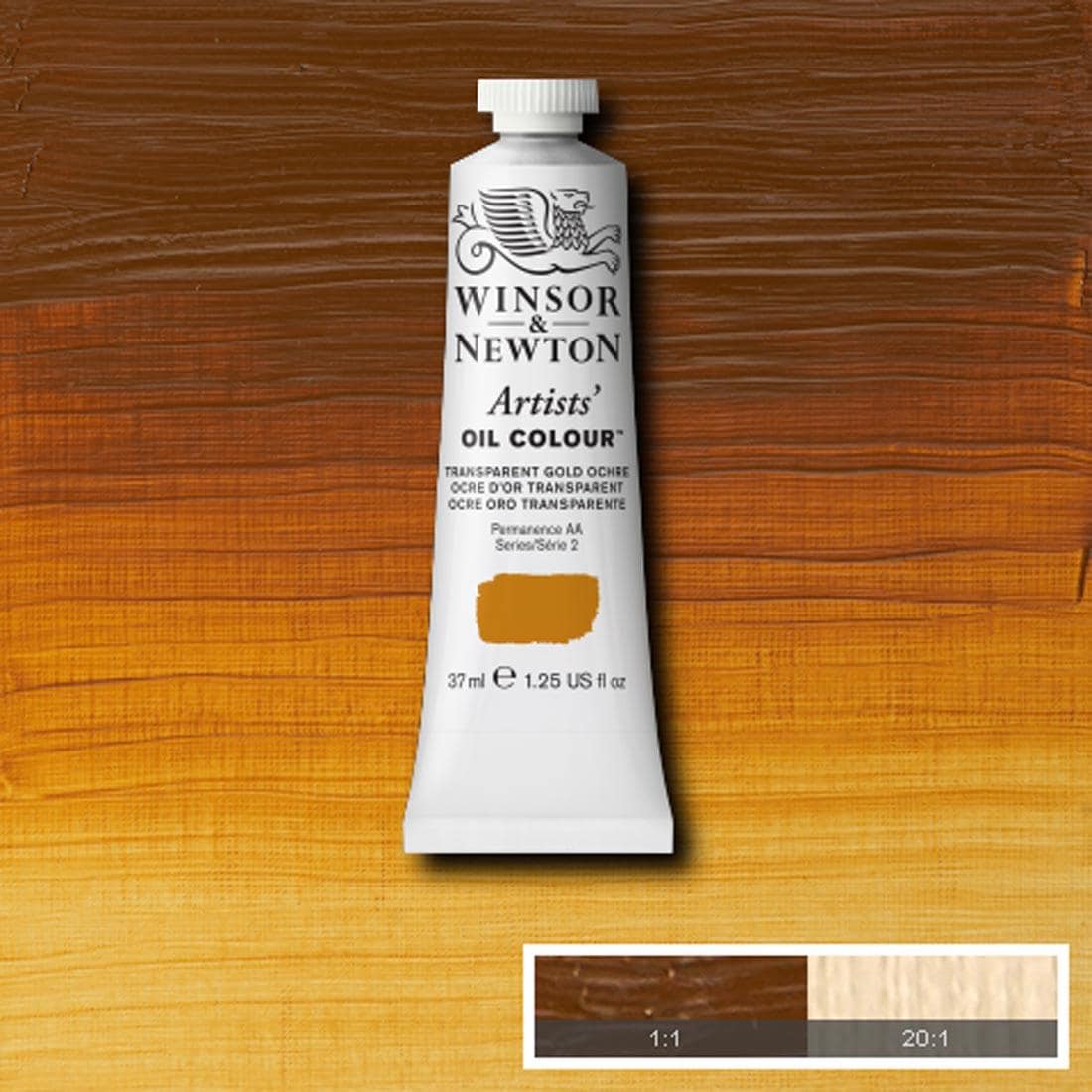 Tube of Transparent Gold Ochre Winsor & Newton Artists' Oil Colour with a paint swatch for the background