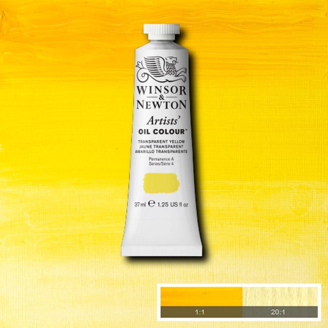 Tube of Transparent Yellow Winsor & Newton Artists' Oil Colour with a paint swatch for the background