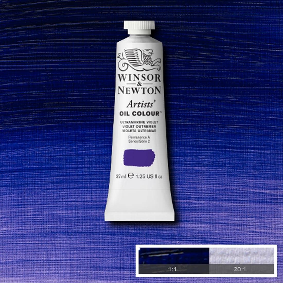 Tube of Ultramarine Violet Winsor & Newton Artists' Oil Colour with a paint swatch for the background