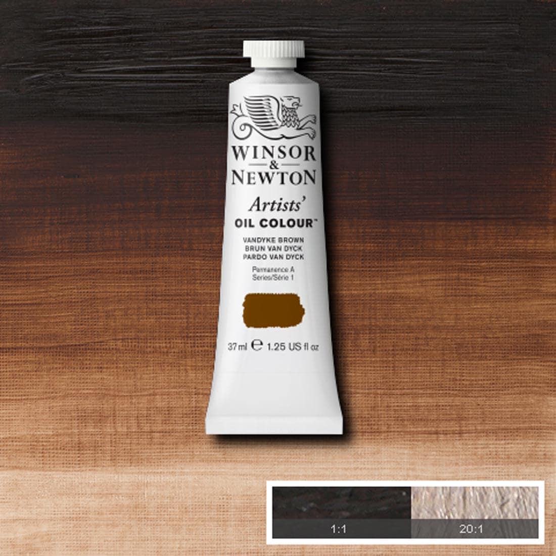 Tube of Vandyke Brown Winsor & Newton Artists' Oil Colour with a paint swatch for the background