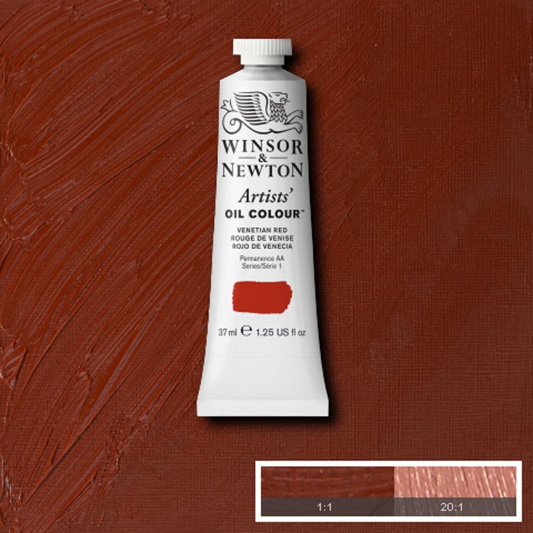 Tube of Venetian Red Winsor & Newton Artists' Oil Colour with a paint swatch for the background
