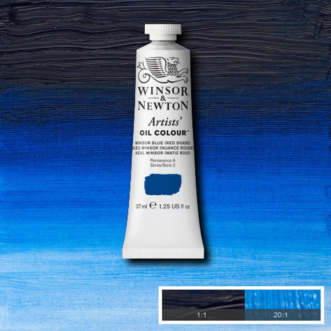 Tube of Winsor Blue (Red Shade) Winsor & Newton Artists' Oil Colour with a paint swatch for the background