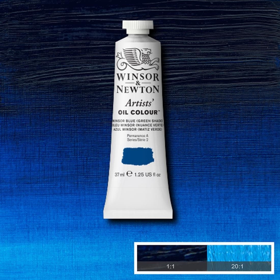 Tube of Winsor Blue (Green Shade) Winsor & Newton Artists' Oil Colour with a paint swatch for the background