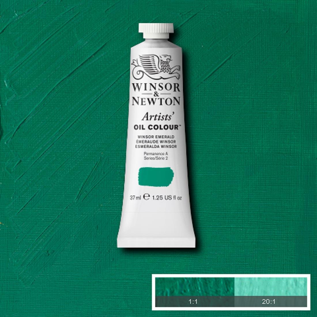 Tube of Winsor Emerald Winsor & Newton Artists' Oil Colour with a paint swatch for the background